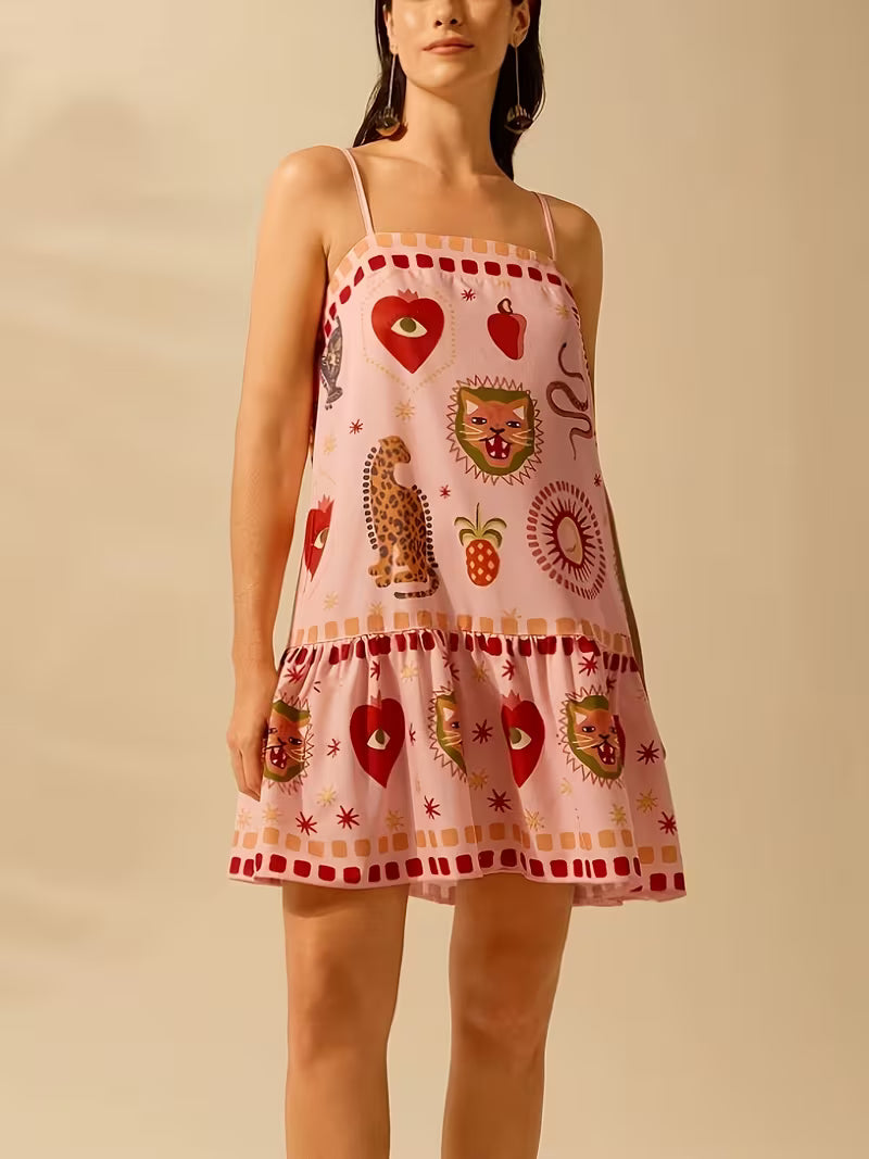 Sleeveless Tropical Print Mini Dress with Ruffled Hem