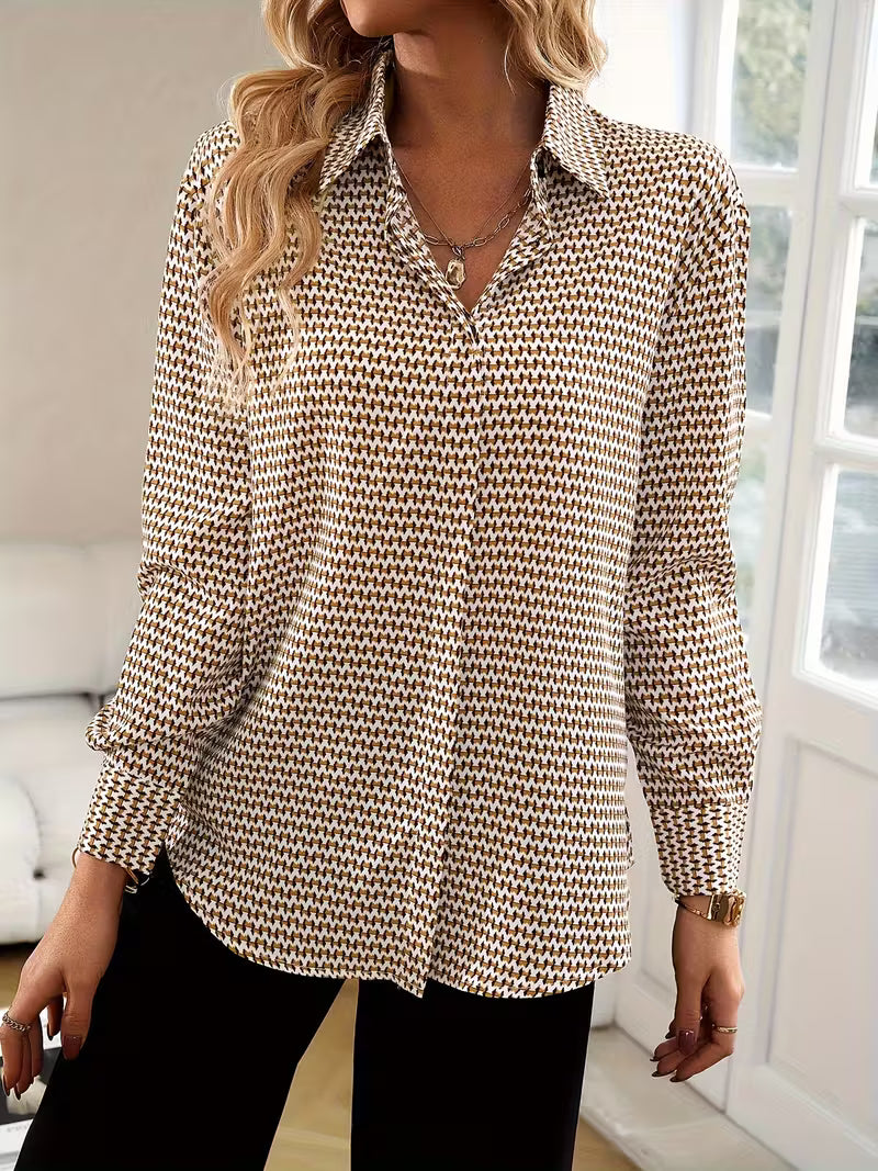 Elegant Women’s Long Sleeve Shirt – Chic Printed Blouse with Lapel Collar & Buttons