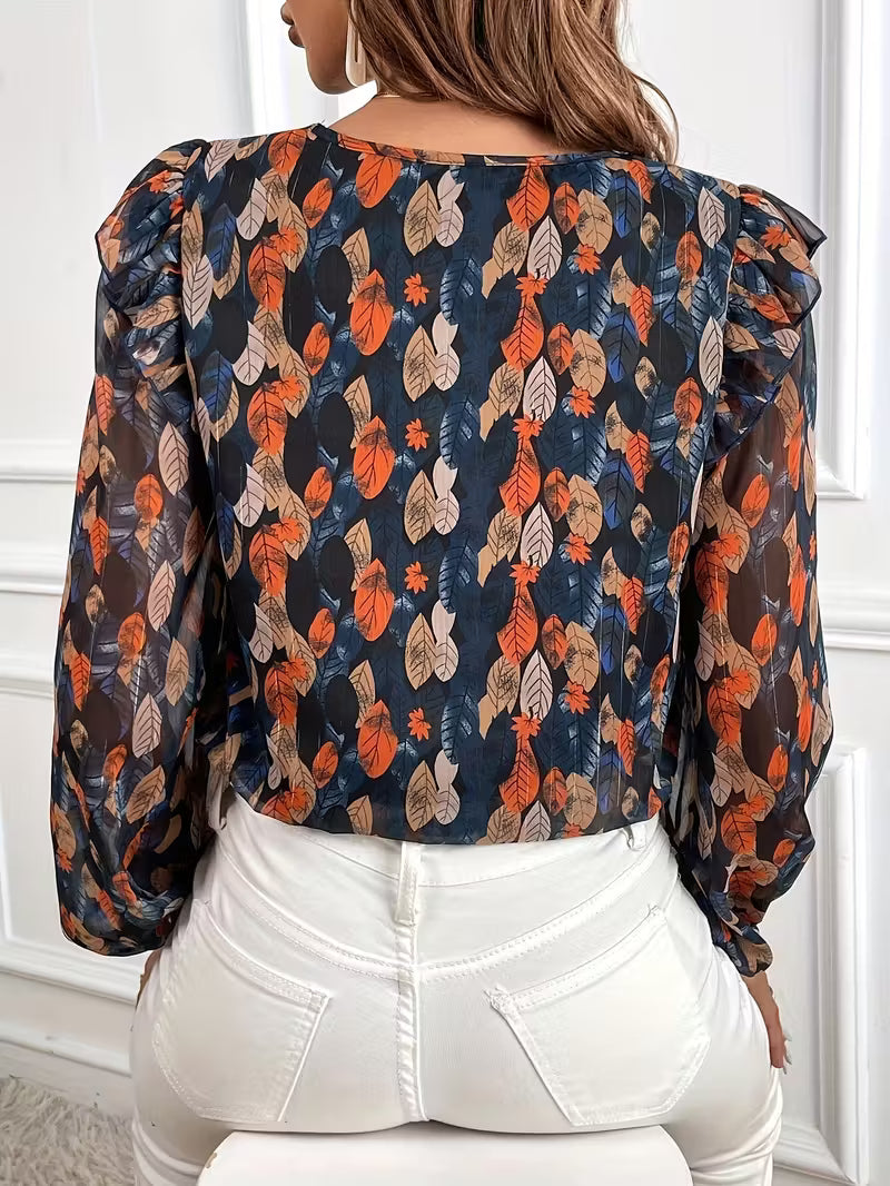 Women’s Floral V-Neck Long Sleeve Blouse – Elegant Lightweight Shirt for Spring & Autumn