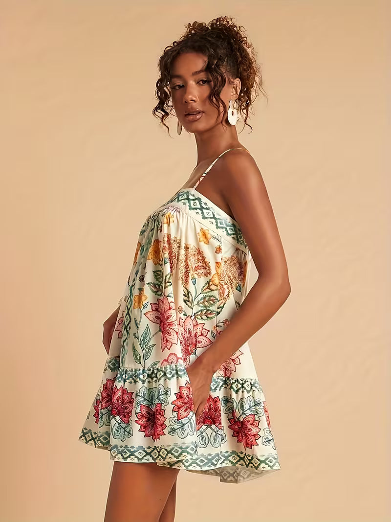 Floral Print Summer Slip Dress with Flared Hem
