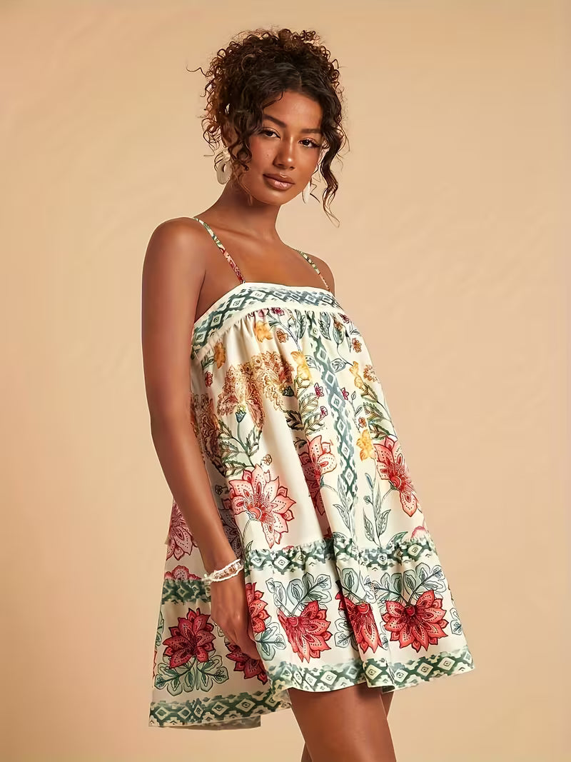 Floral Print Summer Slip Dress with Flared Hem