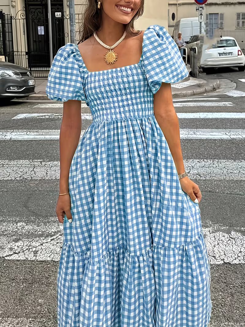 Bohemian Gingham Midi Dress with Notched Neckline