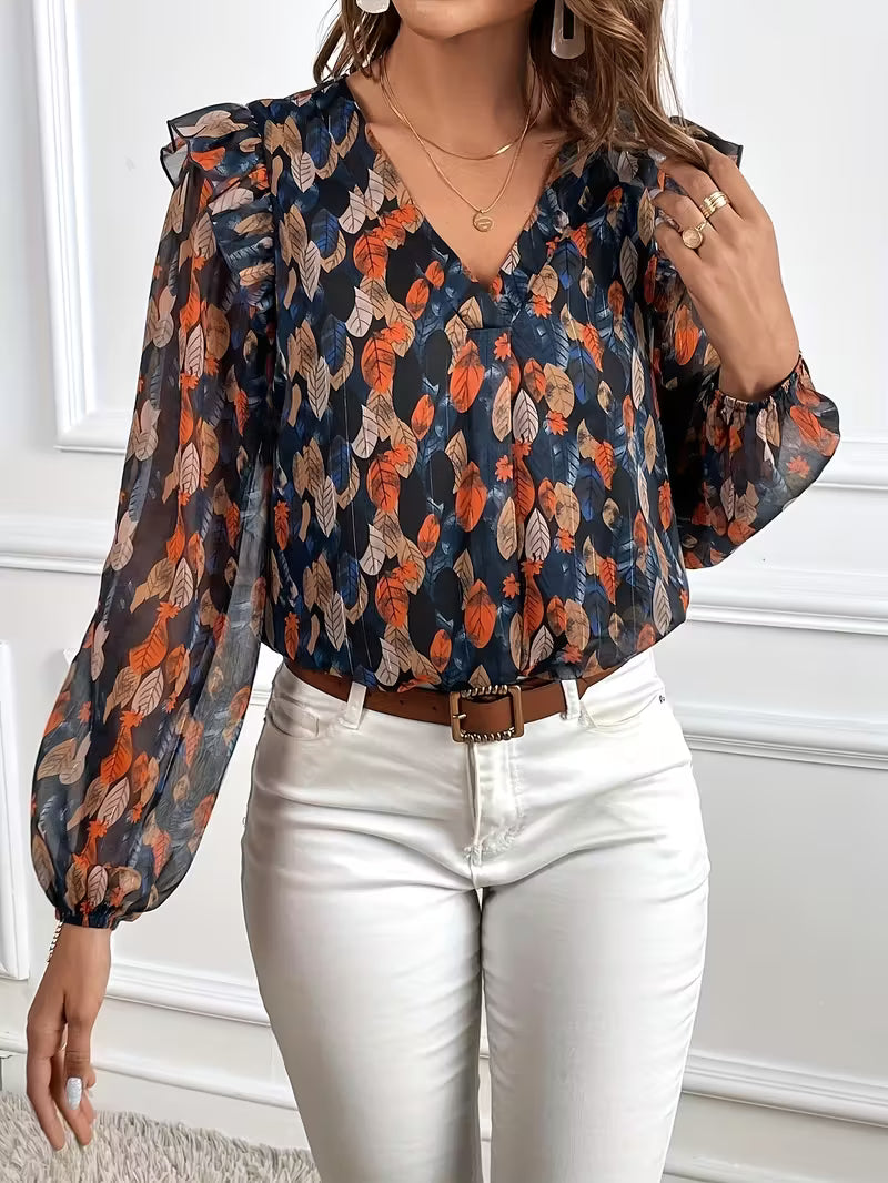 Women’s Floral V-Neck Long Sleeve Blouse – Elegant Lightweight Shirt for Spring & Autumn