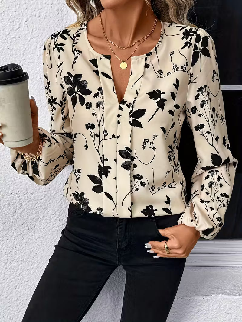 Women’s Floral Long Sleeve Blouse – Round & V-Neck Elegant Top for Fall and Winter