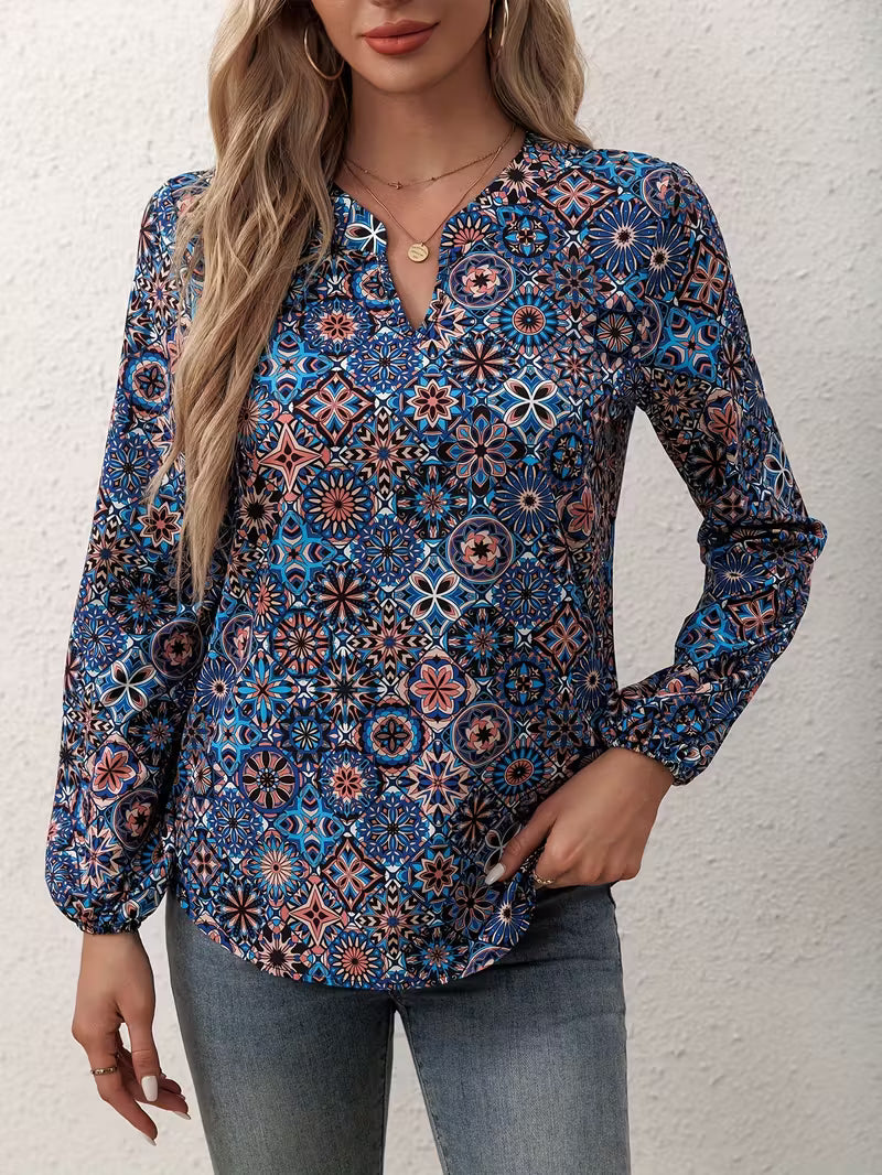 Bohemian Printed Blouse with V-Neck – Long Sleeve & Lightweight Fabric