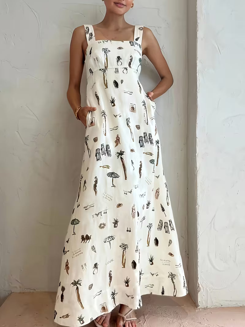 Printed Open-Back Maxi Dress with Tie Detail