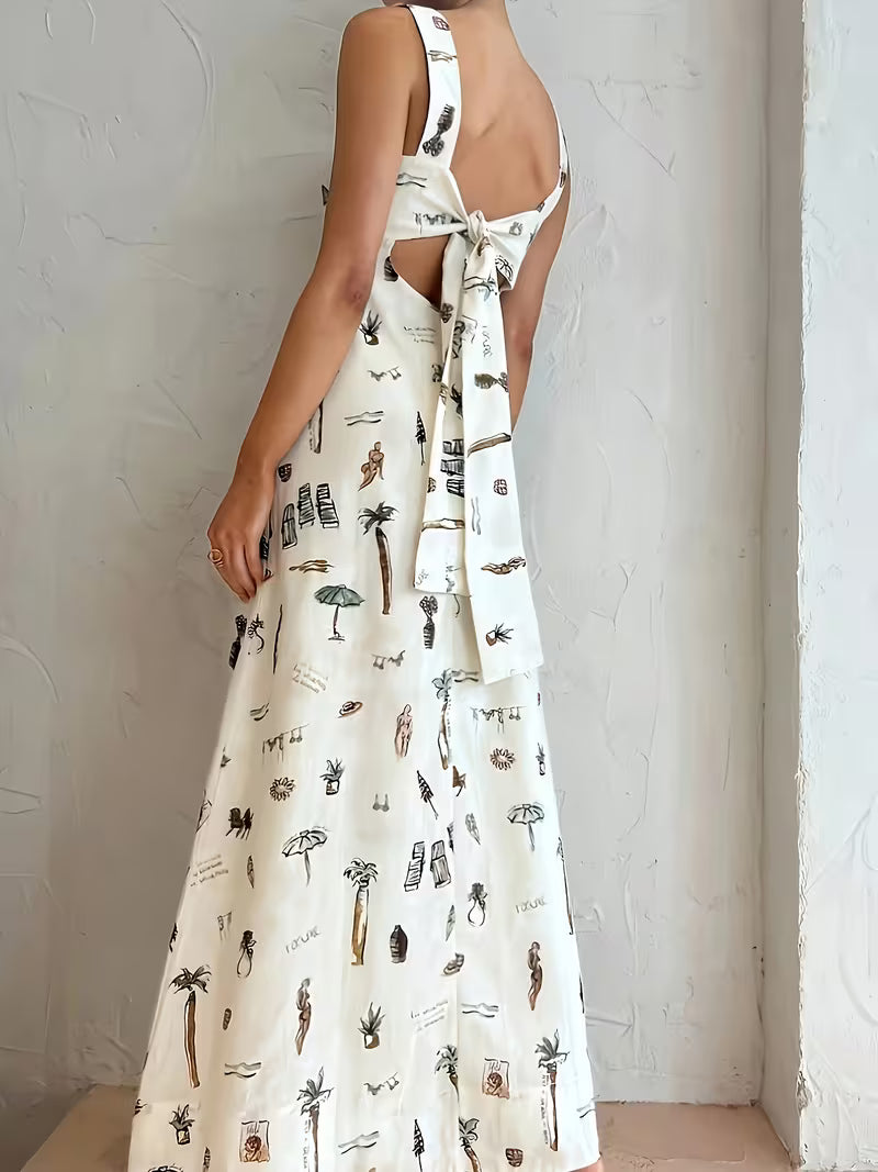 Printed Open-Back Maxi Dress with Tie Detail