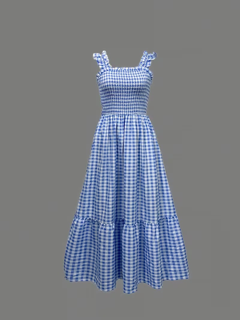Square Neck Gingham Midi Dress with Smocked Waist