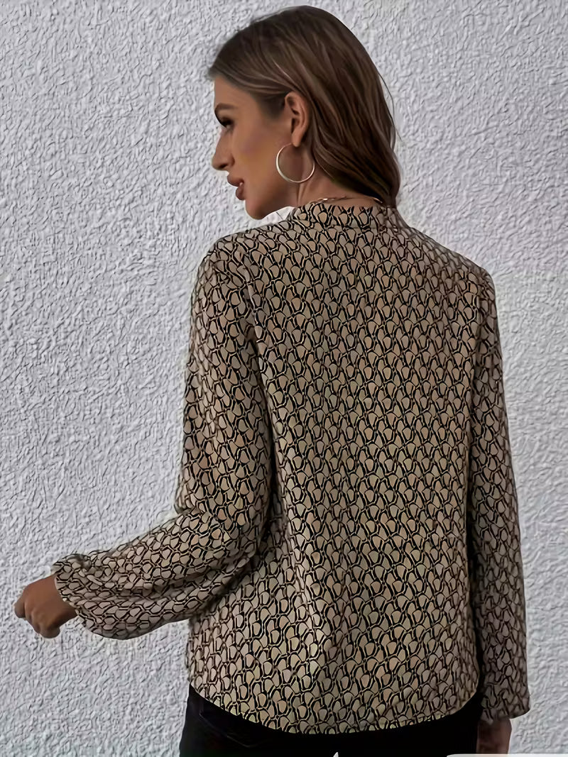 Elegant Women’s Blouse with V-Neck – Long Sleeve Geometric Pattern Shirt