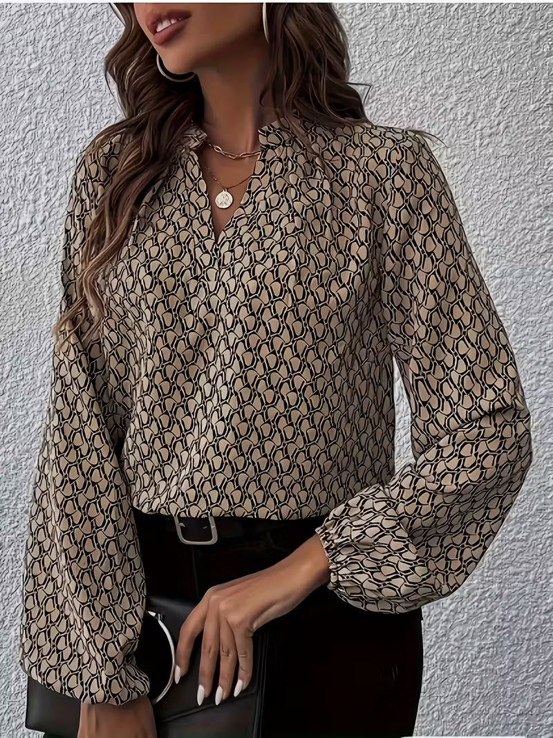 Elegant Women’s Blouse with V-Neck – Long Sleeve Geometric Pattern Shirt
