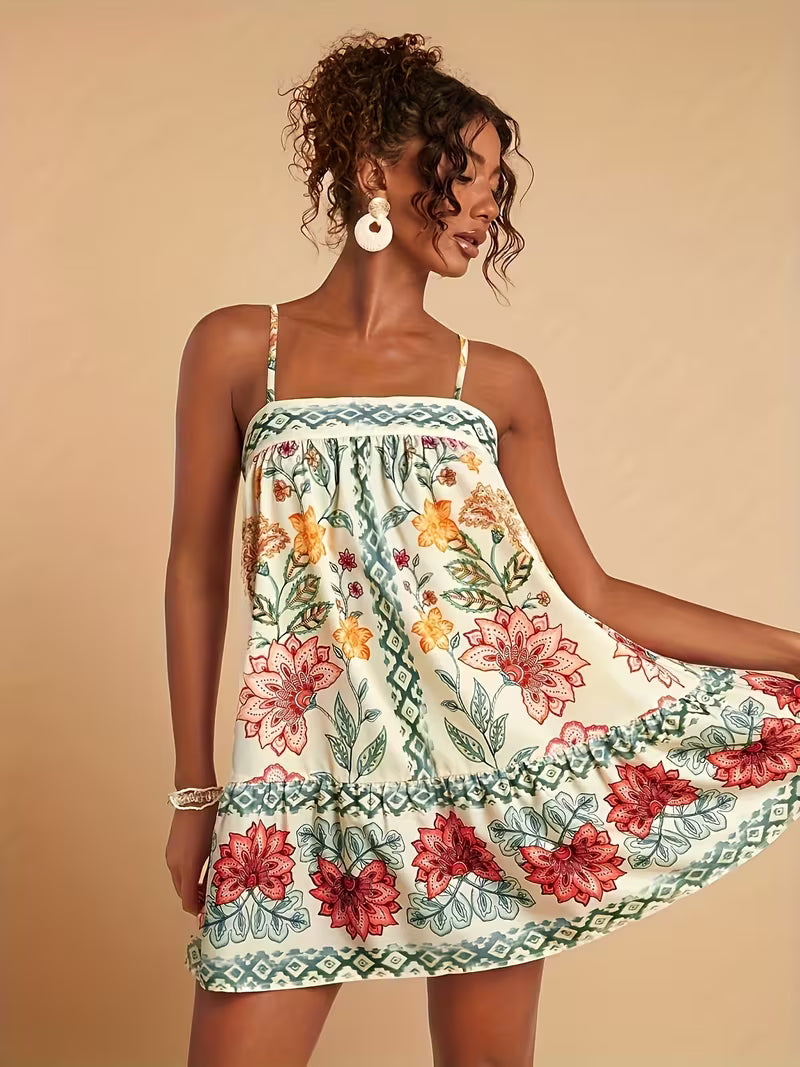 Floral Print Summer Slip Dress with Flared Hem