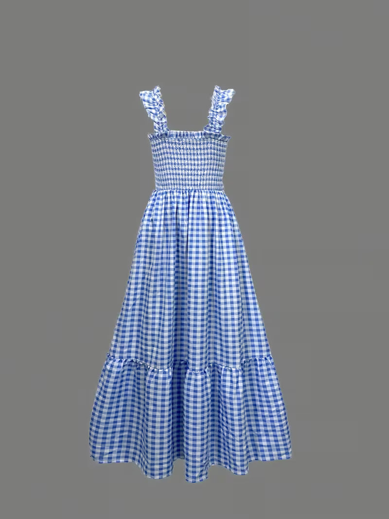Square Neck Gingham Midi Dress with Smocked Waist