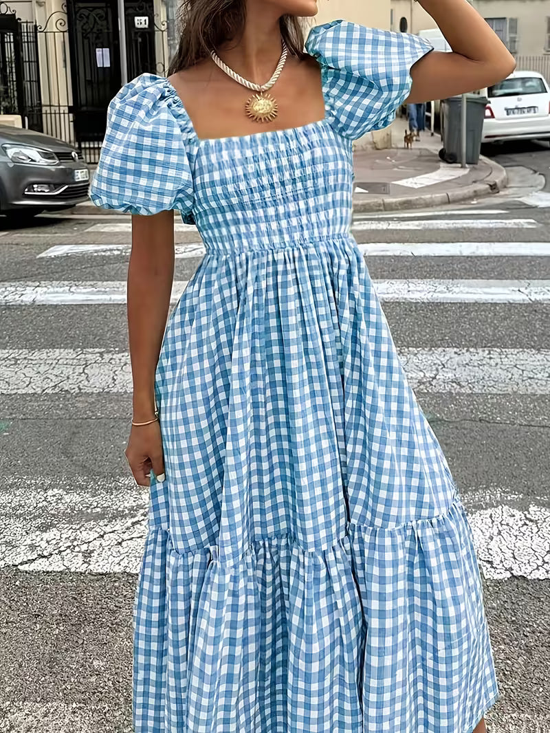 Bohemian Gingham Midi Dress with Notched Neckline