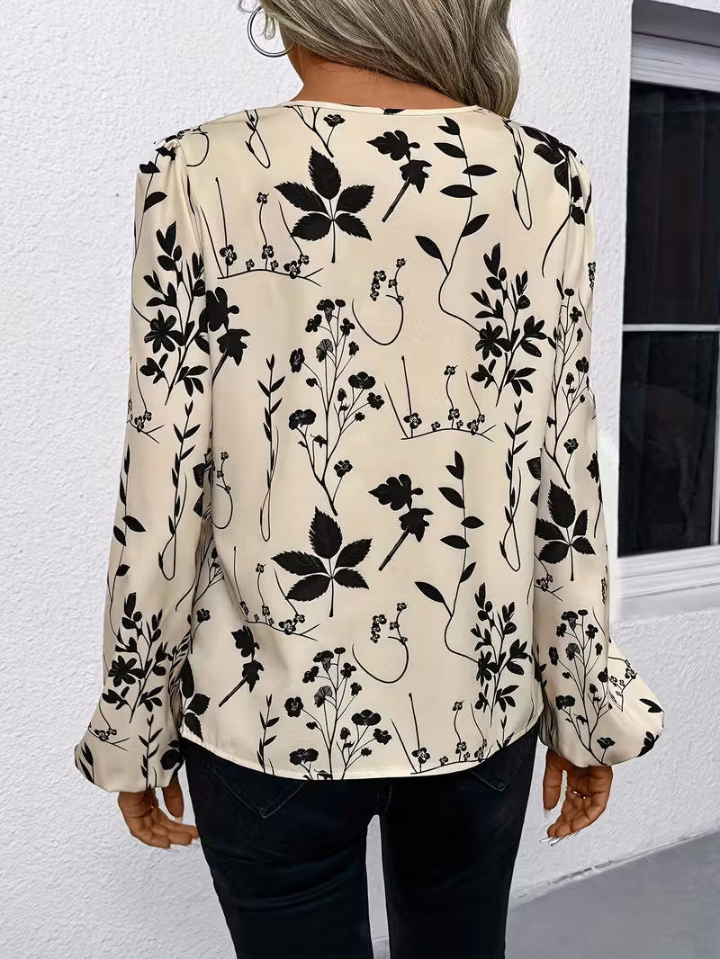 Women’s Floral Long Sleeve Blouse – Round & V-Neck Elegant Top for Fall and Winter