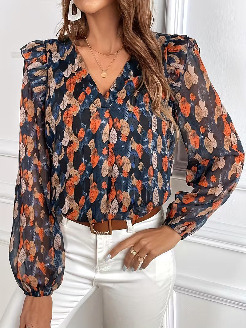 Women’s Floral V-Neck Long Sleeve Blouse – Elegant Lightweight Shirt for Spring & Autumn