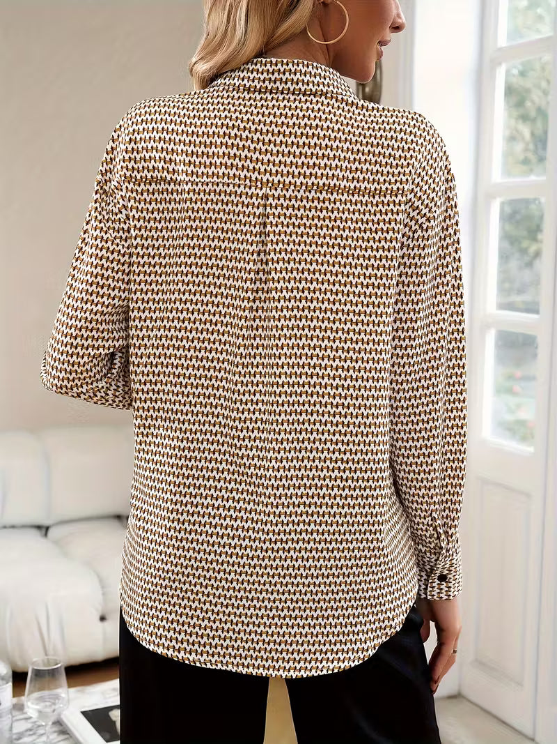 Elegant Women’s Long Sleeve Shirt – Chic Printed Blouse with Lapel Collar & Buttons
