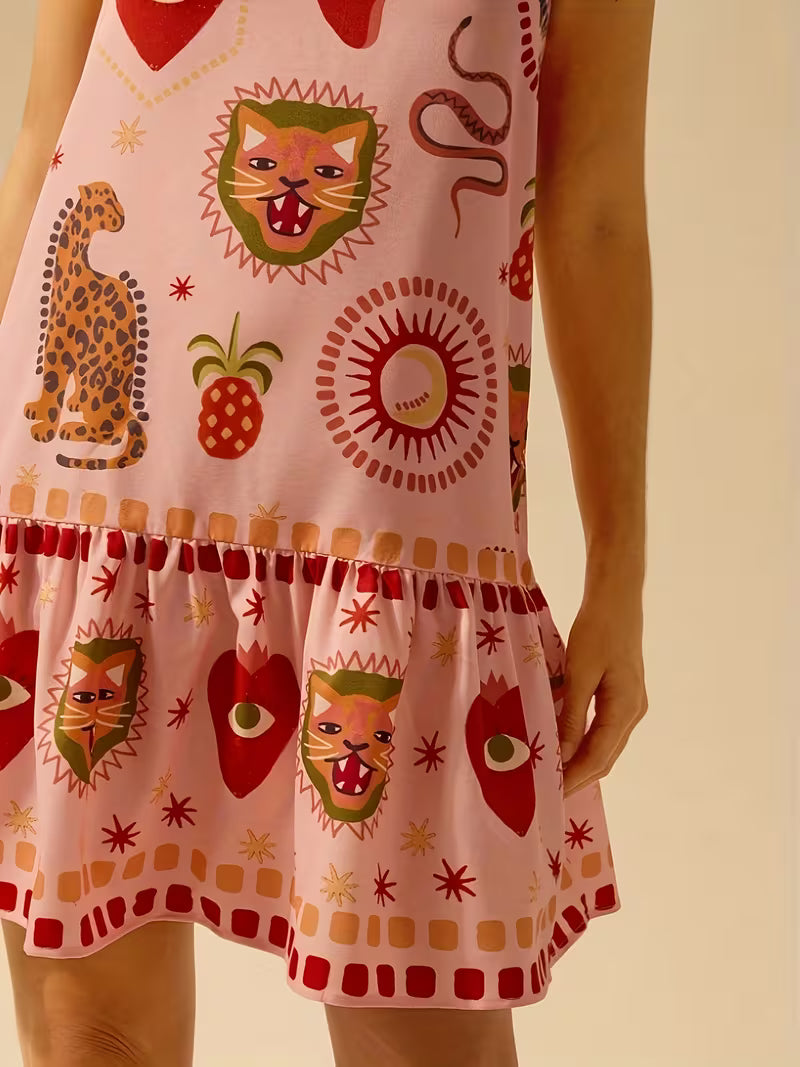 Sleeveless Tropical Print Mini Dress with Ruffled Hem