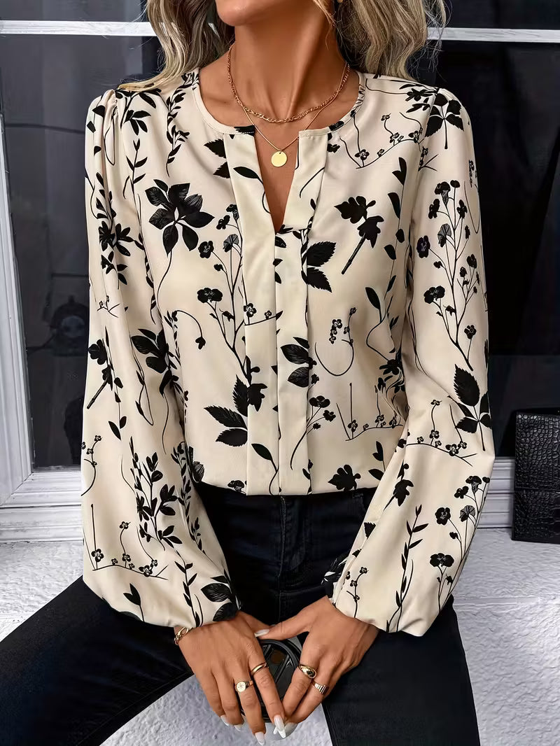 Women’s Floral Long Sleeve Blouse – Round & V-Neck Elegant Top for Fall and Winter