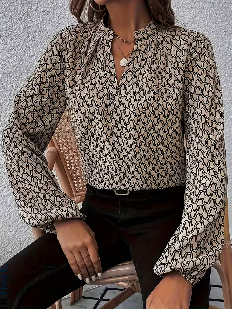 Elegant Women’s Blouse with V-Neck – Long Sleeve Geometric Pattern Shirt