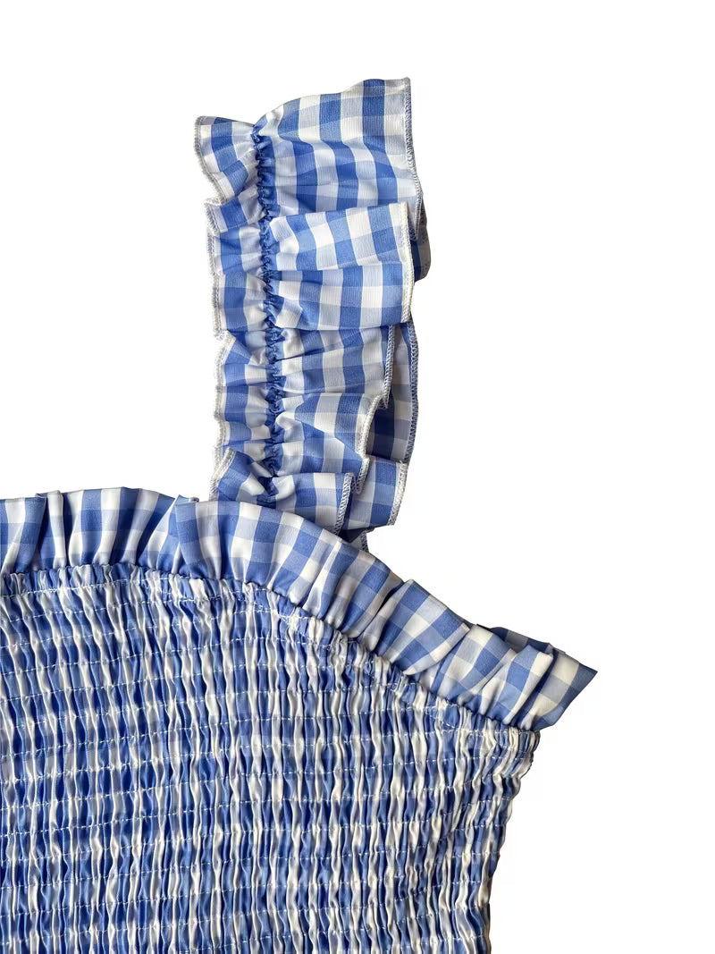 Square Neck Gingham Midi Dress with Smocked Waist