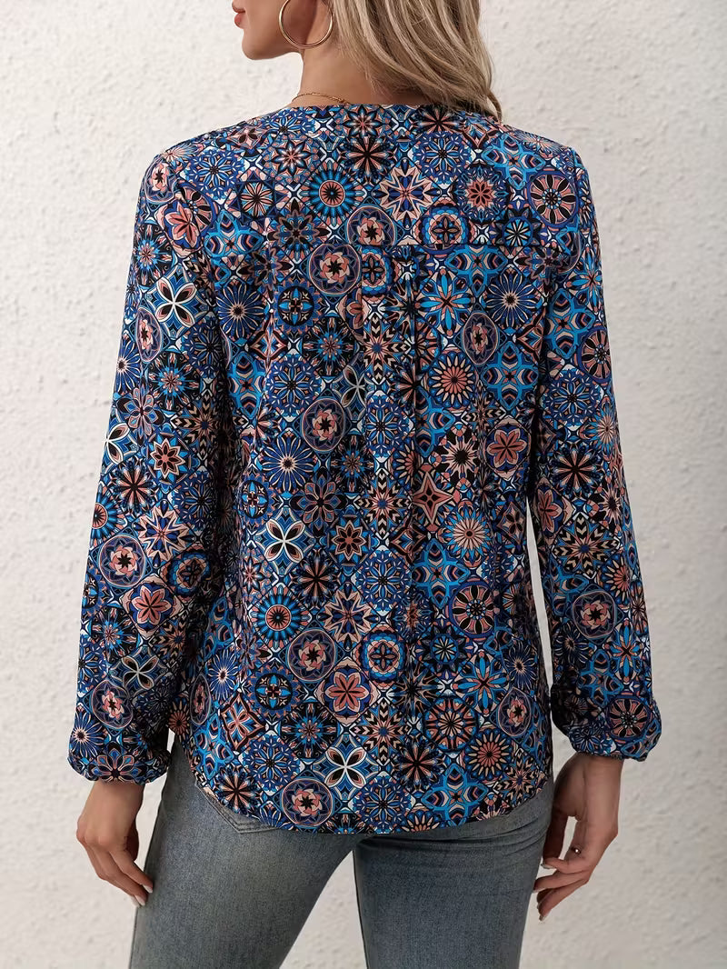 Bohemian Printed Blouse with V-Neck – Long Sleeve & Lightweight Fabric