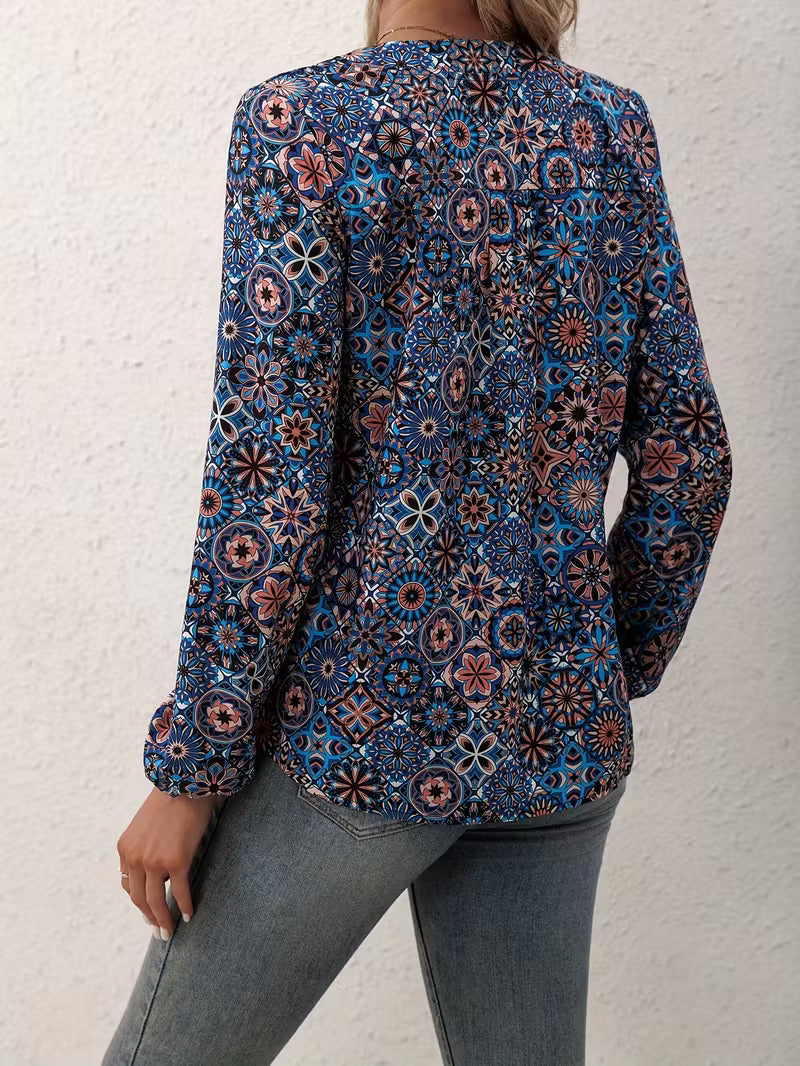 Bohemian Printed Blouse with V-Neck – Long Sleeve & Lightweight Fabric