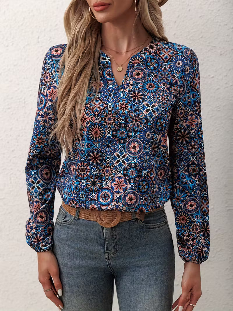 Bohemian Printed Blouse with V-Neck – Long Sleeve & Lightweight Fabric