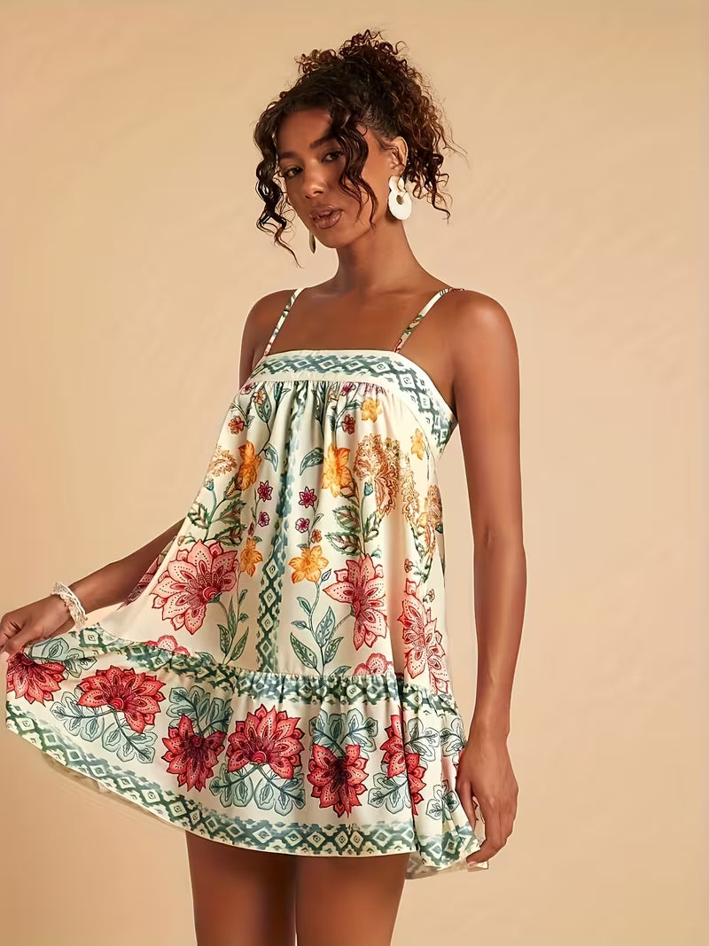 Floral Print Summer Slip Dress with Flared Hem