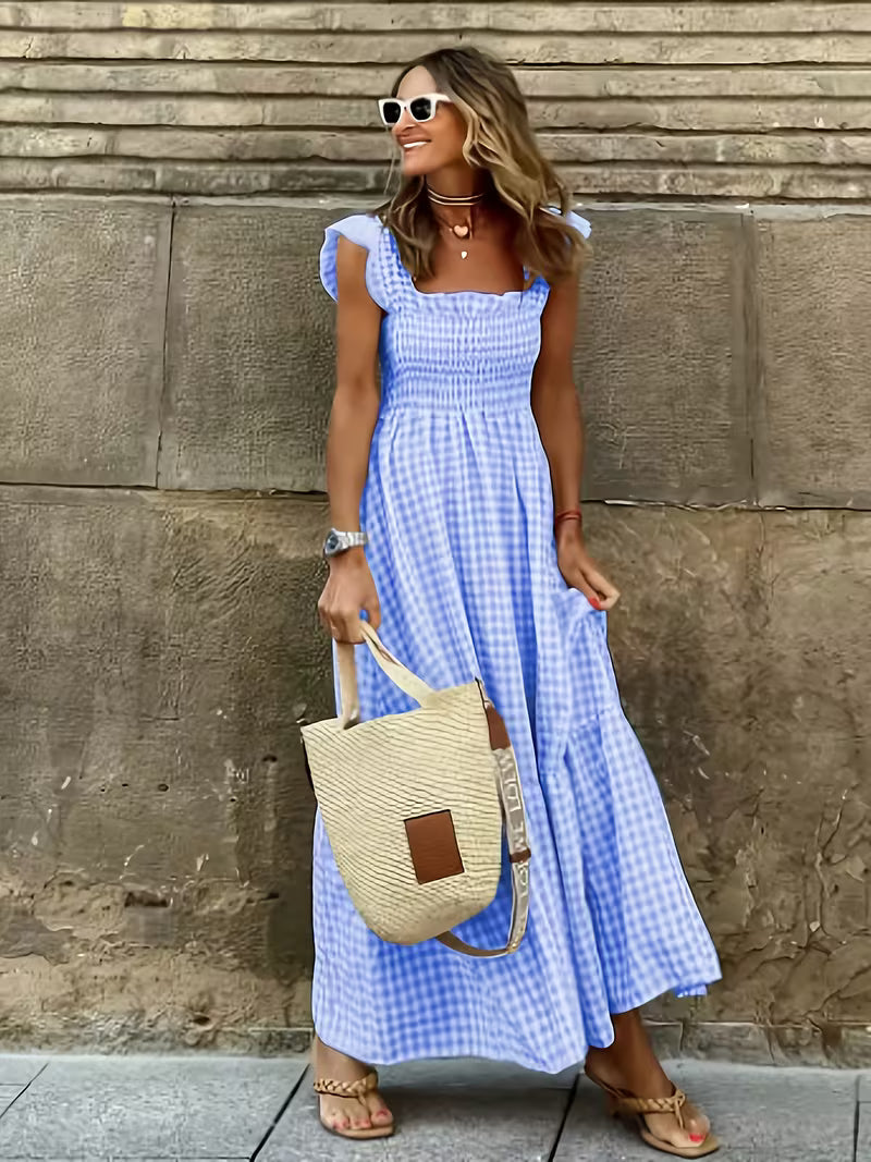 Square Neck Gingham Midi Dress with Smocked Waist