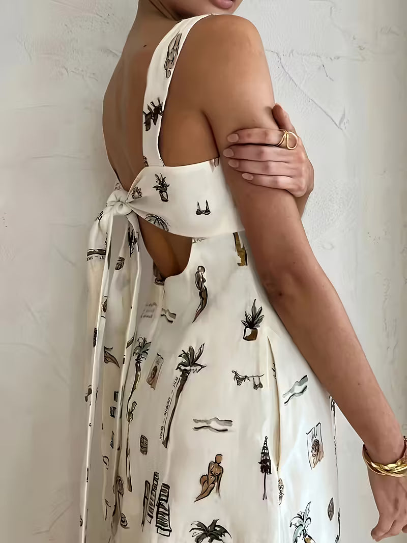 Printed Open-Back Maxi Dress with Tie Detail